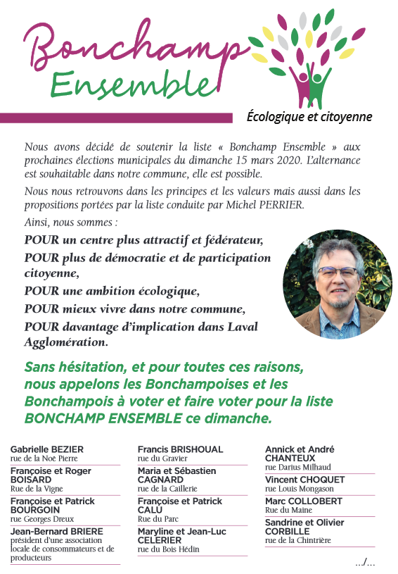 perthmatth's tweet image. Ils sont déjà plus de 75 à nous soutenir publiquement dans ce tract et notre liste de soutiens s'allonge de jours en jours au fil de nos rencontres. Merci à tous pour votre confiance envers la liste @BonchampEnsembl pour les #Municipales2020 #Bonchamp👍
👉bonchamp-ensemble.fr