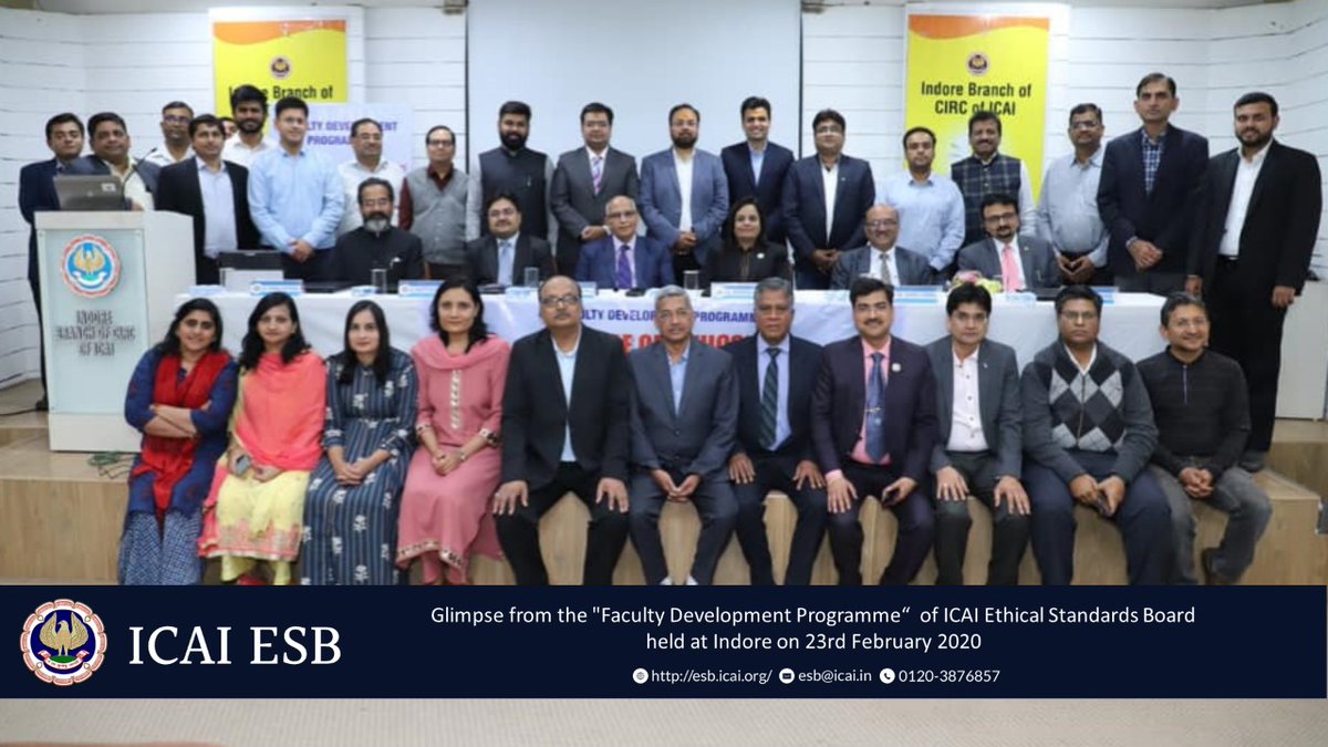 icaiesb's tweet image. The Faculty Development Programme of Ethical standards Board of ICAI held at Indore on 23rd Feb 2020 witnessed wonderful deliberations of some of the respected speakers.
#EthicalStandardsBoard #FacultyDevelopmentProgramme #Ethics #ICAI #Speakers #SocialMedia #CodeOfEthics