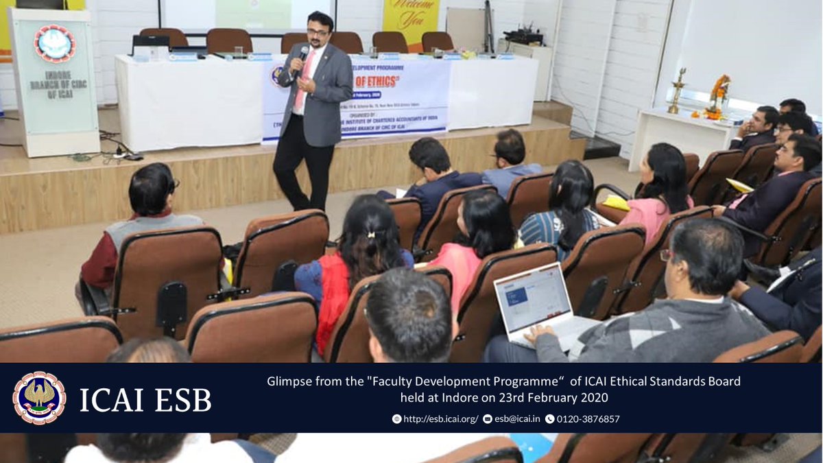 icaiesb's tweet image. The Faculty Development Programme of Ethical standards Board of ICAI held at Indore on 23rd Feb 2020 witnessed wonderful deliberations of some of the respected speakers.
#EthicalStandardsBoard #FacultyDevelopmentProgramme #Ethics #ICAI #Speakers #SocialMedia #CodeOfEthics