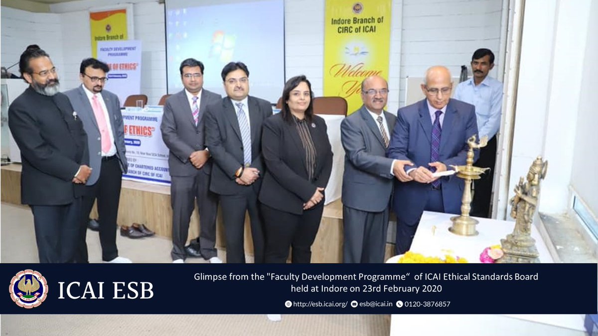 icaiesb's tweet image. The Faculty Development Programme of Ethical standards Board of ICAI held at Indore on 23rd Feb 2020 witnessed wonderful deliberations of some of the respected speakers.
#EthicalStandardsBoard #FacultyDevelopmentProgramme #Ethics #ICAI #Speakers #SocialMedia #CodeOfEthics