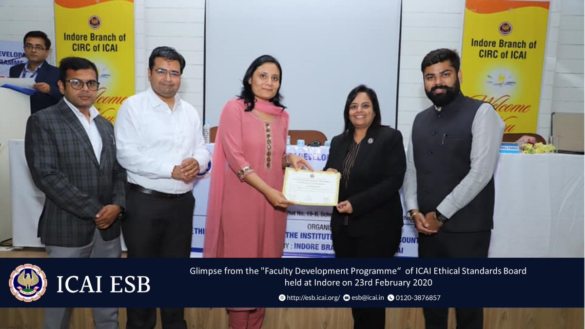 icaiesb's tweet image. The Faculty Development Programme of Ethical standards Board of ICAI held at Indore on 23rd Feb 2020 witnessed wonderful deliberations of some of the respected speakers.
#EthicalStandardsBoard #FacultyDevelopmentProgramme #Ethics #ICAI #Speakers #SocialMedia #CodeOfEthics