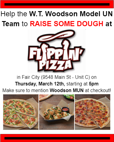 Come on out to the Flippin' Pizza in Fair City TONIGHT for our spring fundraiser! Starting at 5pm, get a NY-style dinner and help to support your local Model UN team at the same time. Make sure to mention Woodson MUN at checkout, and we hope to see you there!