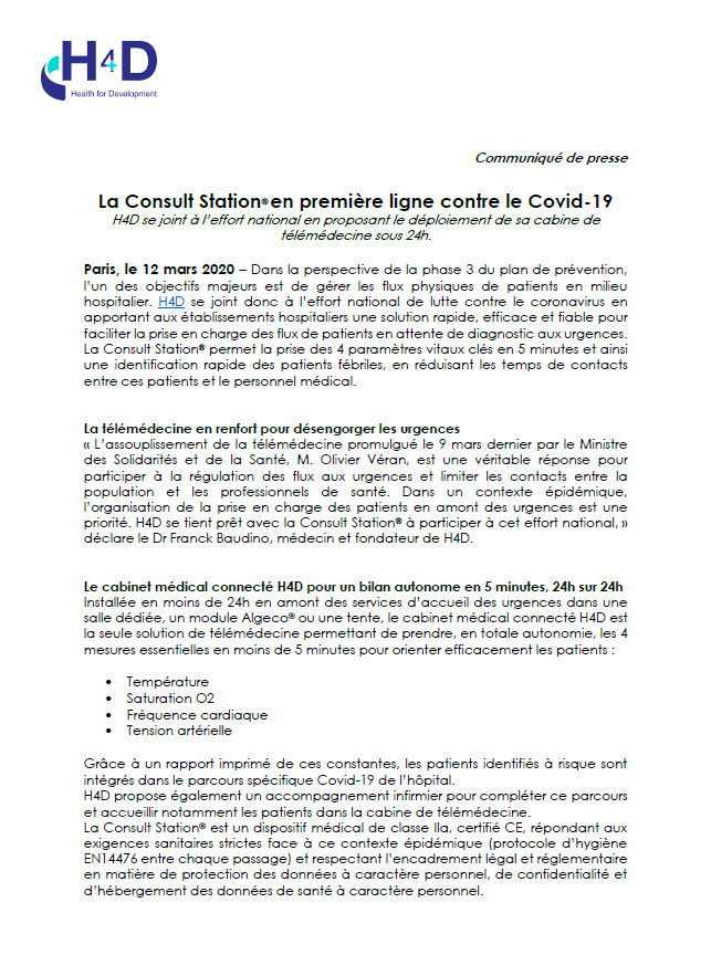H4Dev's tweet photo. ❗️ H4D se joint à la lutte contre le #CoronavirusFrance ❗️
en proposant sa cabine de #télémédecine aux urgences : 4 prises de mesures clés pour une orientation efficace des patients à risque. Plus d'infos sur https://t.co/EbhpXOHQye / covid19@h-4-d.com #COVID19 #teleconsultation https://t.co/mHKdXifIjL