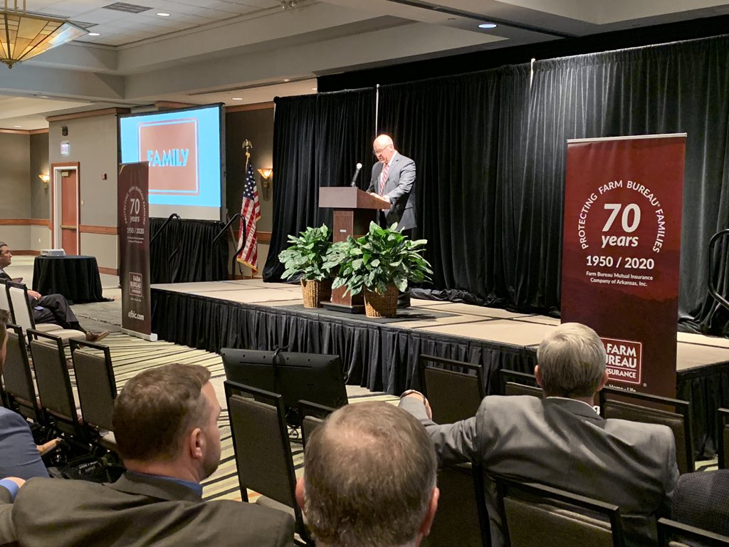 ArFB's tweet photo. The 2020 Arkansas Farm Bureau Insurance Companies Agents and Agency Manager’s Conference is underway in Little Rock. @ArFB president @Farmer_RH is opening the meeting by thanking them for their efforts to protect and serve the #FarmBureauFamily #FarmBureauInsurance https://t.co/0dN5uEEPfw