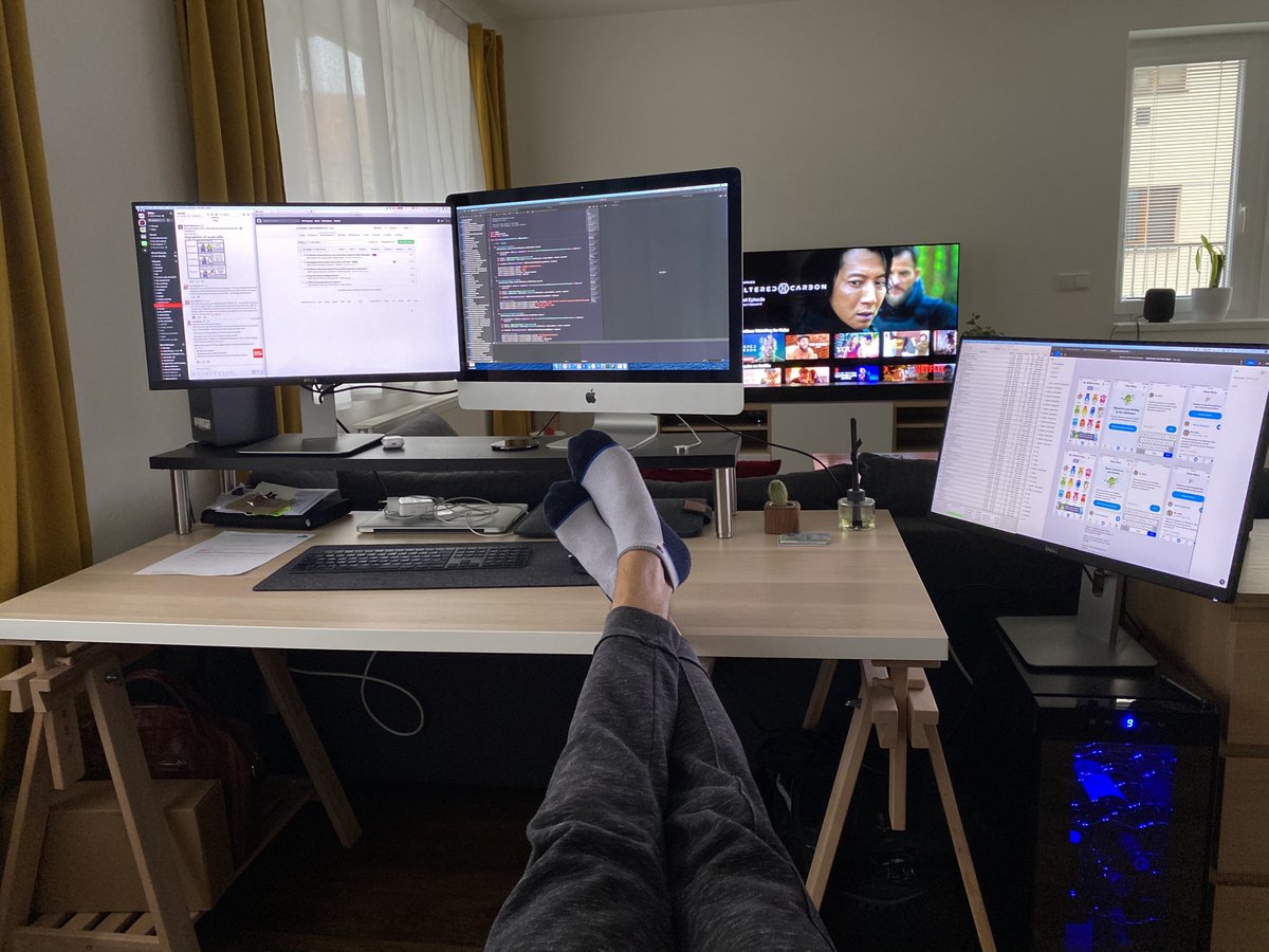 Kasp1k's tweet image. Let&apos;s inspire and get inspired by sharing photo of your home office workspace during these days with #homeworkspace hashtag!

I&apos;ll kick-off this one: Netflix-friendly home office #wineincluded