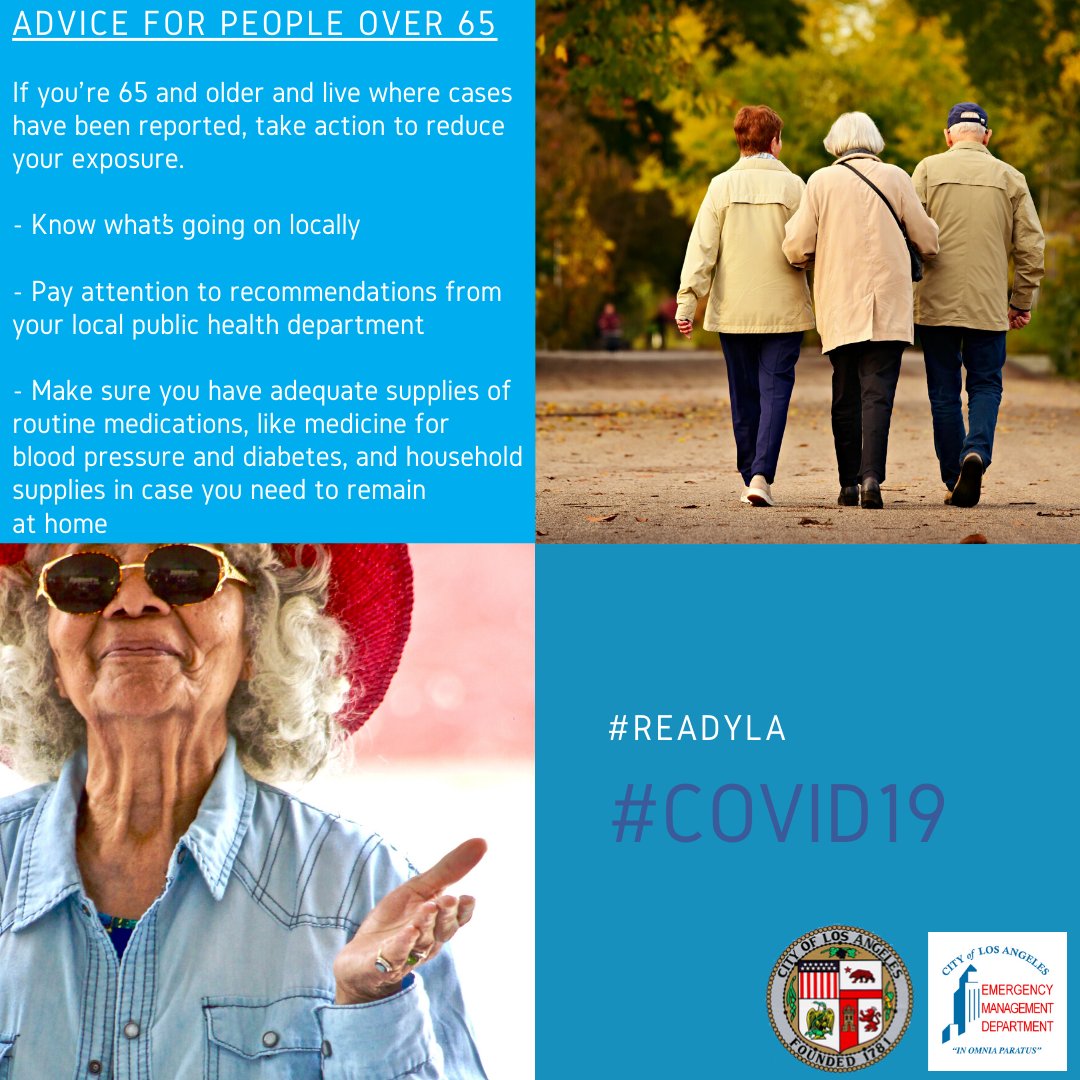 If you are over 65, take action to reduce your exposure:
-Know what is going on locally
-Pay attention to recommendations from your local public health department
-Make sure you have adequate supplies of routine medications and household supplies 
#COVID19