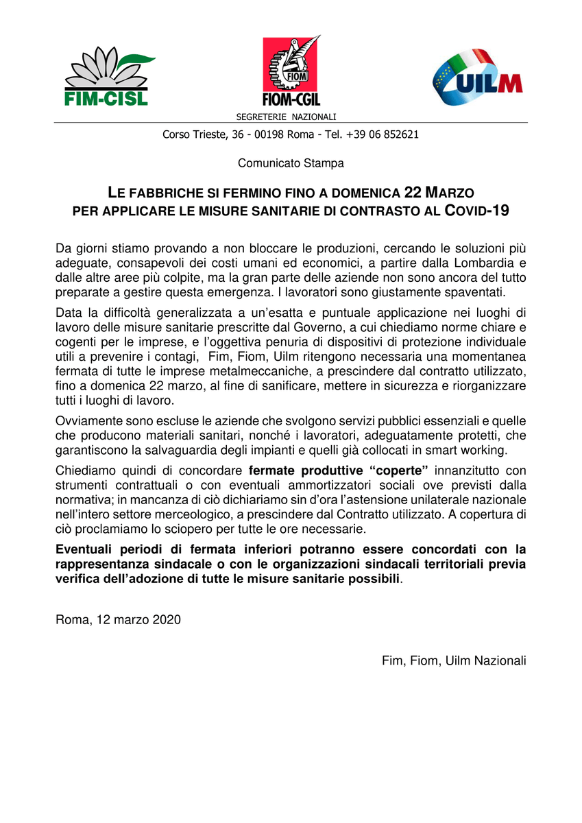 UilmNazionale's tweet photo. #Coronavirus #Sicurezza #Comunicatounitario #Fim #Fiom #Uilm Le fabbriche si fermino fino a domenica 22 marzo per applicare le misure sanitarie di contrasto al Covid-19 https://t.co/H5KbdCws9n