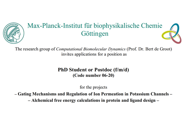 ➡️We have open PhD and Postdoc positions in the research group of Bert #deGroot @mpi_bpc @CompBioPhys in @goettingen! Your application is welcome! 

More details: mpibpc.mpg.de/17239845/06-20 

#MDsimulations #ionchannels #FreeEnergy #PotassiumChannels