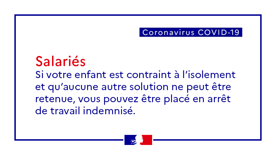 #COVID19 | Votre enfant est contraint à l’isolement? Informez votre employeur que vous devez le garder à la maison et envisagez le #télétravail.
Si aucune autre solution ne peut être retenue, vous pouvez être placé en arrêt de travail indemnisé. 

👉travail-emploi.gouv.fr/actualites/l-a…