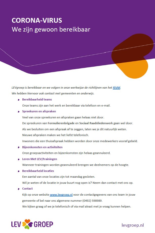 Update van onze werkwijze vanwege Corona.
We zijn aan het werk en bereikbaar via telefoon en mail. Helaas kunnen veel van onze activiteiten nu niet doorgaan.
#corona #bereikbaar #aanhetwerk #steljevragen #welzijn #samenkomjeverder 🍀