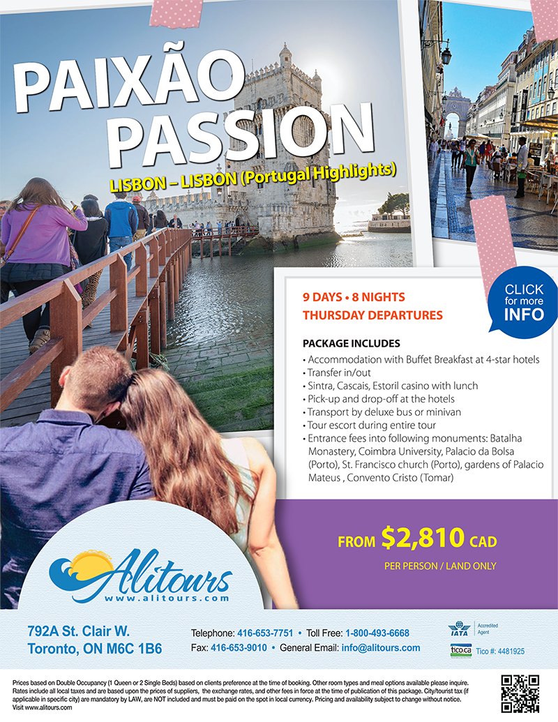 Alitours's tweet image. PAIXÃO PASSION PORTUGAL - Portugal Highlights
For more info see alitours.com or call 416-653-7751.
#portugal #europe #lisbon #vacation #tour #freedom #carrental #hotel #life #alitours #touroperator #toronto