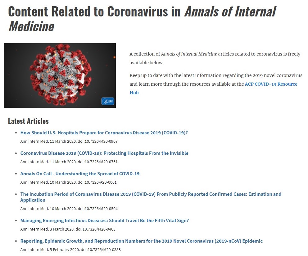 All NEW Annals content related to #coronavirus can be found here ow.ly/twfM50yK2fx. The entire collection is #free to the public. #COVD19 #CoronavirusPandemic