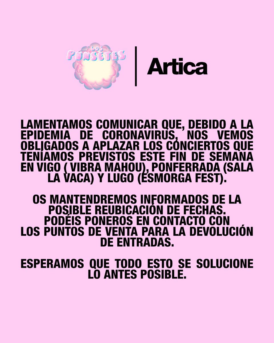 ⚠️Lamentamos informar que los conciertos de <a href="/lospunsetes/">Los Punsetes</a> en Galicia este fin de semana quedan aplazados⚠️

Os mantendremos informados de la reubicación de las fechas.

¡Muchas gracias y esperemos que todo pase pronto!