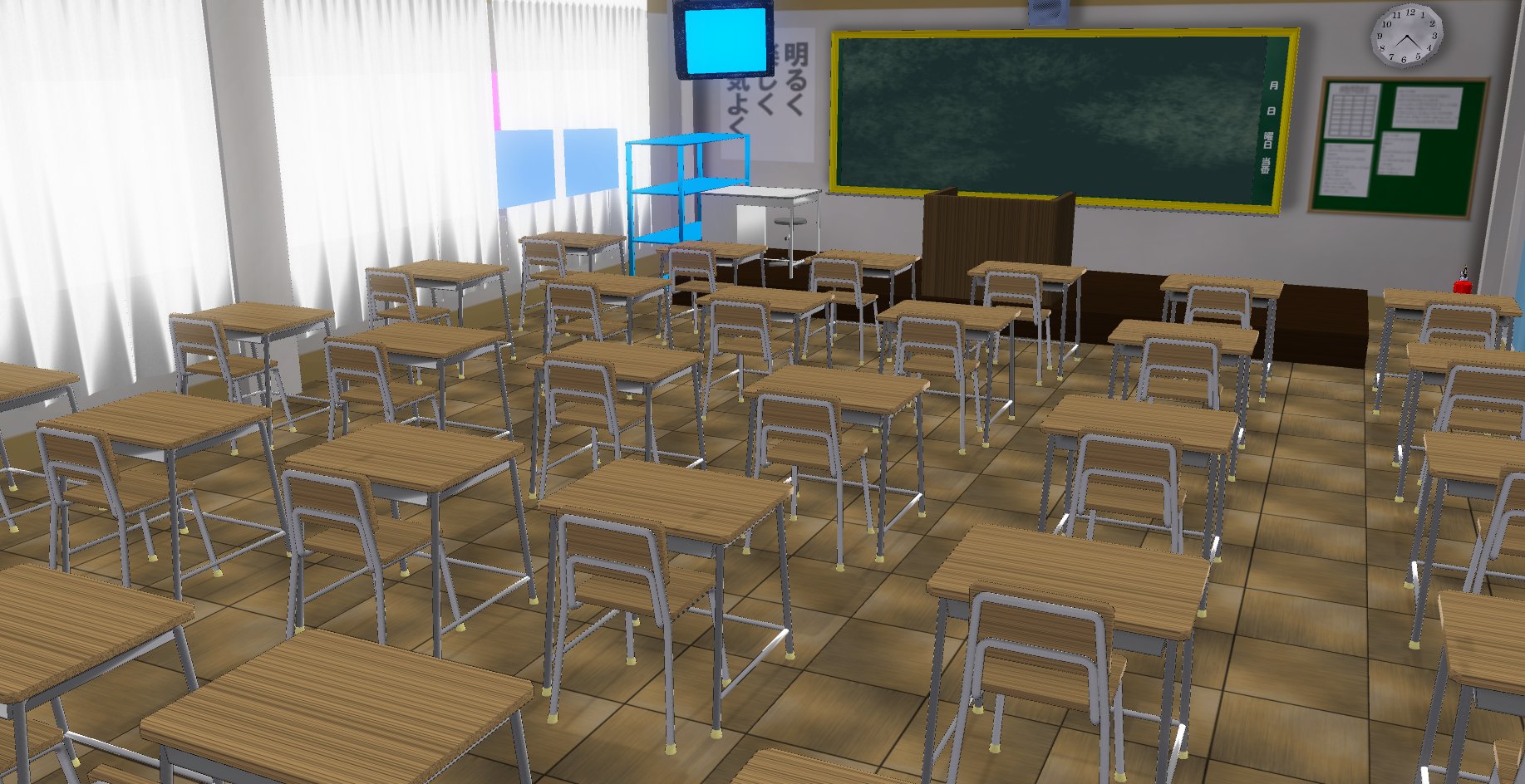 ファニィ Cm3d2 で Mod データを編集して学校の教室を再現中 ふぁにが行ってた学校の場合 教室には教壇 の他に 教員の作業用のスチールデスク そして教員用の荷物置き用のラックがあったんだけど 他の学校ではどうなのかしらん 本当は教壇の下