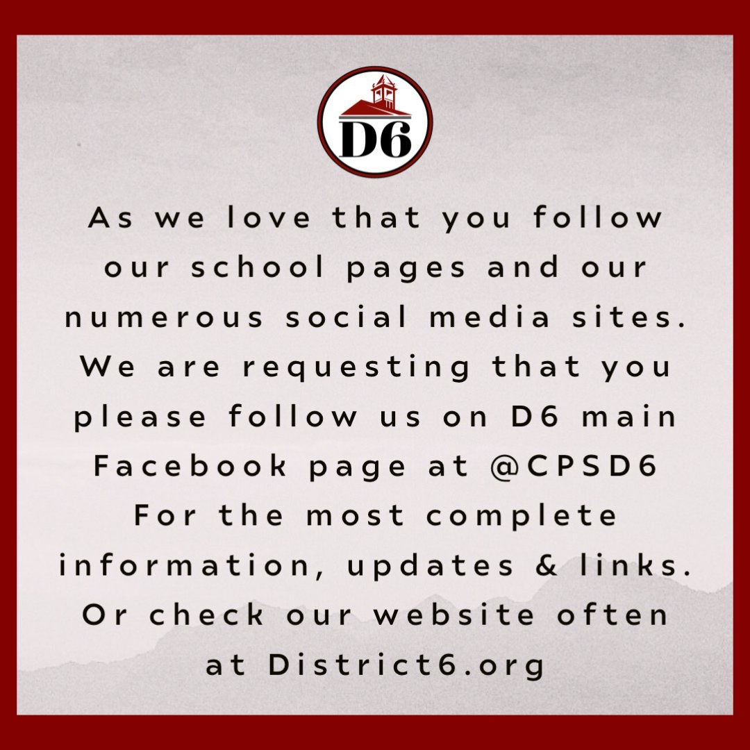 CPSD6MRE's tweet image. In a time that information updates are changing quickly, please follow our main D6 Facebook page @CPSD6 for updates and links.  #D6BetterTogether