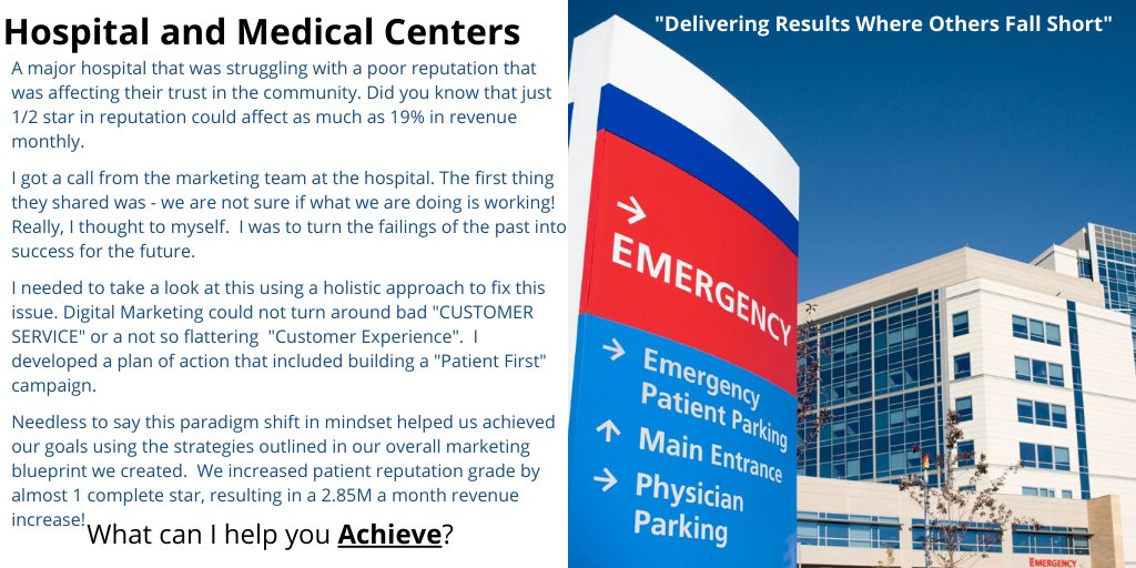 We were brought into this engagement by a Digital Marketing firm. Their problem could not be fixed by online postings. Good for them - egos were set aside for the customer's problem.

#Teamwork #marketexcellence #medical #hospitals #reputation #consultant #Brandexcellence #biz
