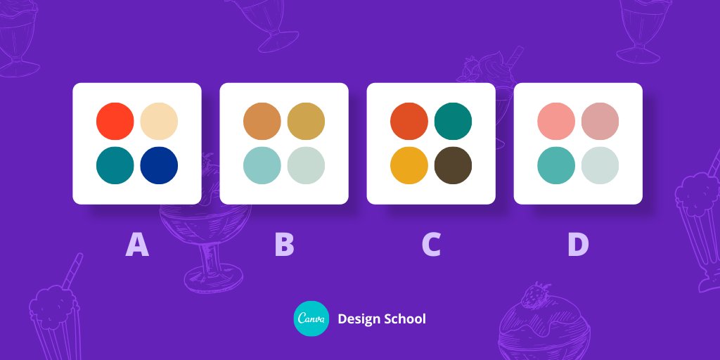 canva's tweet image. You&apos;re opening a retro-inspired ice cream shop... Which palette makes you think of cream sodas and banana splits? 🍨
