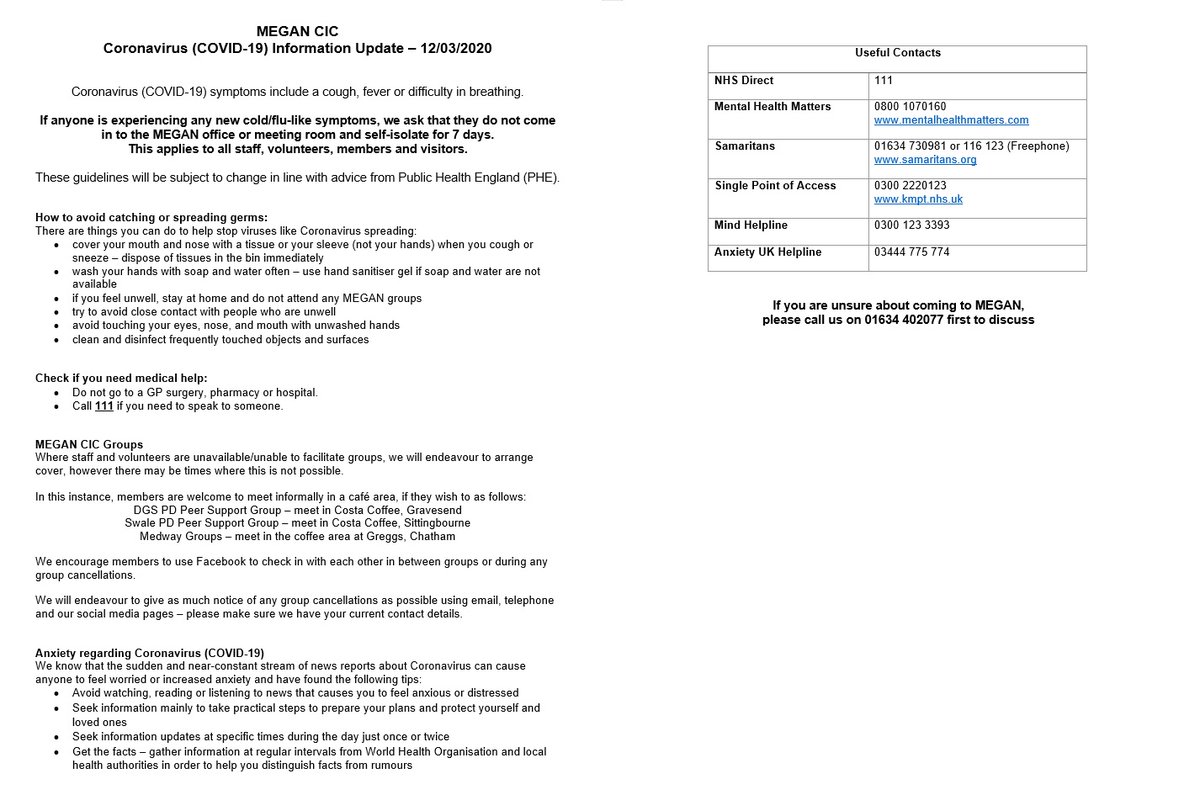 Please see MEGAN CIC's Updated Information for Members re. Coronavirus (COVID-19) which includes information about potential group cancellations and useful contact numbers - please contact us if you have any queries/comments #mentalhealth #support #CoronaVirusUpdate #coronavirus