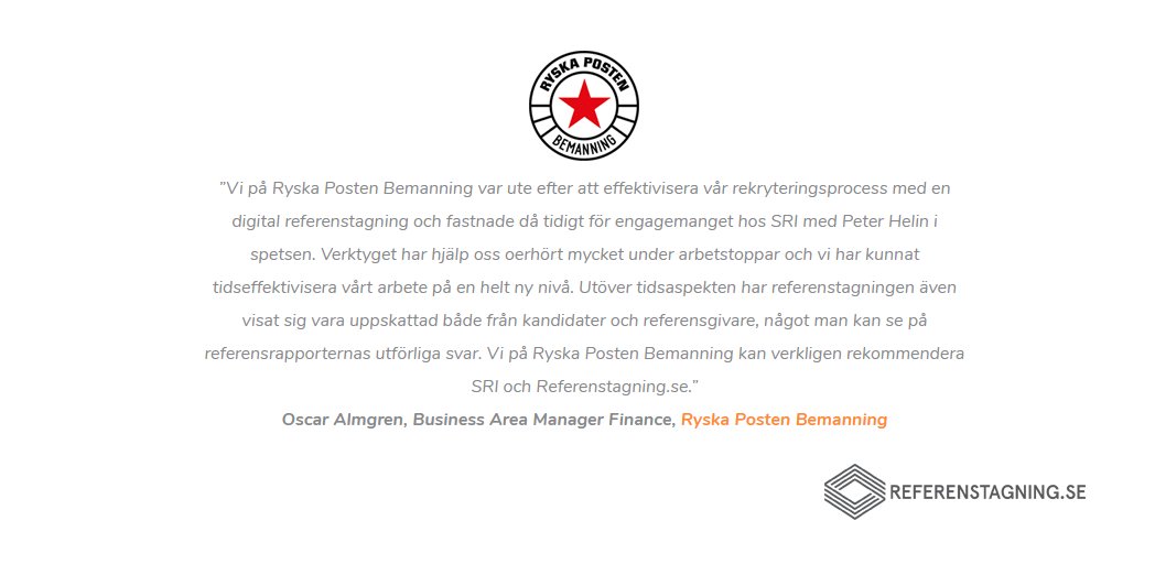 Vi är så stolta och glada över den här glimrande referensen från vår kund Ryska Posten Bemanning.

Stort tack för de fina orden och tack även för ett riktigt toppensamarbete! 🙏🏻

#digitalreferenstagning #referenstagning #rekrytering #HR   #referens #ryskapostenbemanning #digital