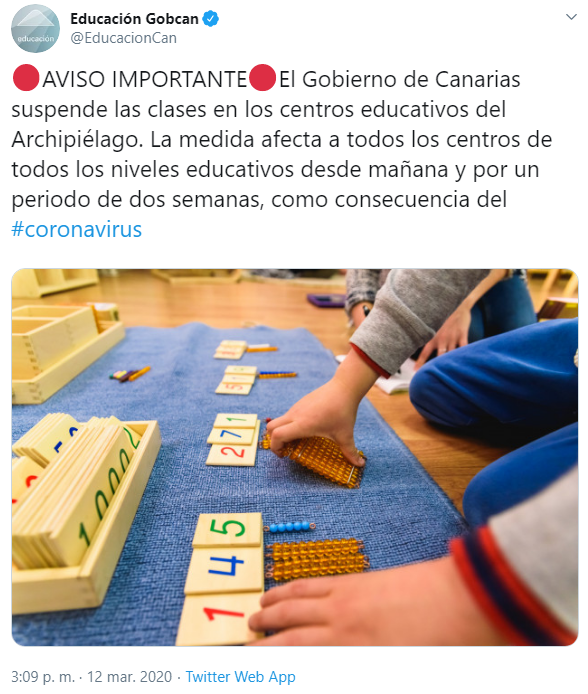 VOSTcanarias's tweet photo. AVISO IMPORTANTE @EducacionCan suspende las clases en los centros educativos de #Canarias. La medida afecta a todos los centros de todos los niveles educativos desde 13/03 y por un periodo de 2 semanas #coronavirus
Siga fuentes oficiales @PresiCan @SanidadGobCan @112canarias https://t.co/PJ5HDykOko
