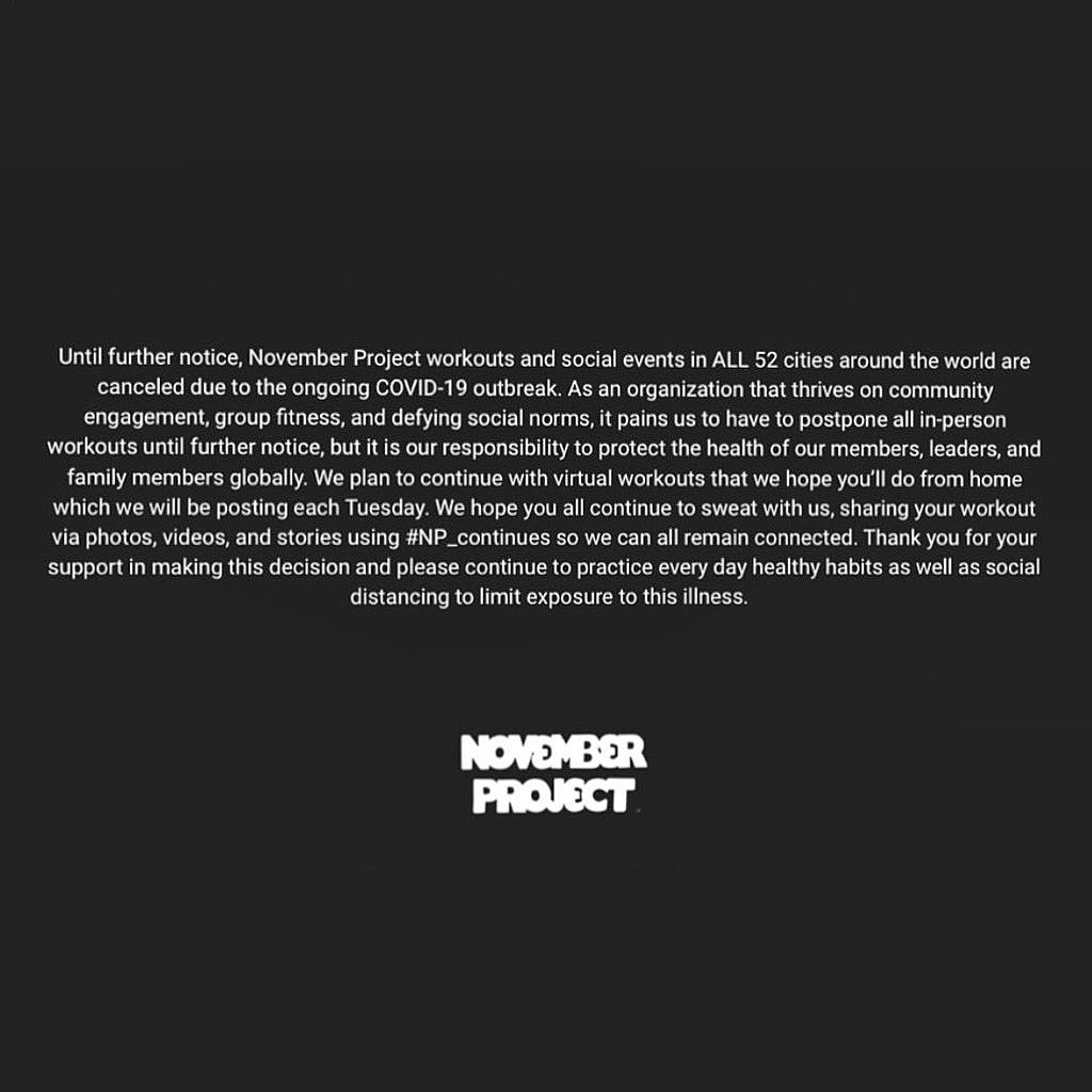 Nov_Project_BOS's tweet image. November Project workouts in all cities are canceled. Join our weekly workouts online that you can do from home that will be posted each Tuesday. Use #NP_Continues to keep us connected. Lastly, please RT out this post today. Thank you.