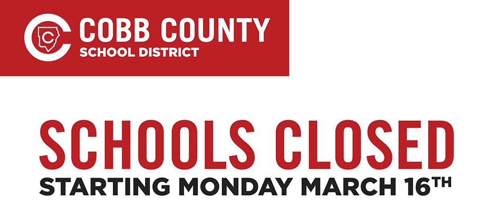 AcworthGeorgia's tweet photo. In light of guidance from public health organizations and the Governor’s office today, the Cobb County School district will be closing all schools effective Monday, March 16, 2020 until further notice. https://t.co/KSQZInV8wv