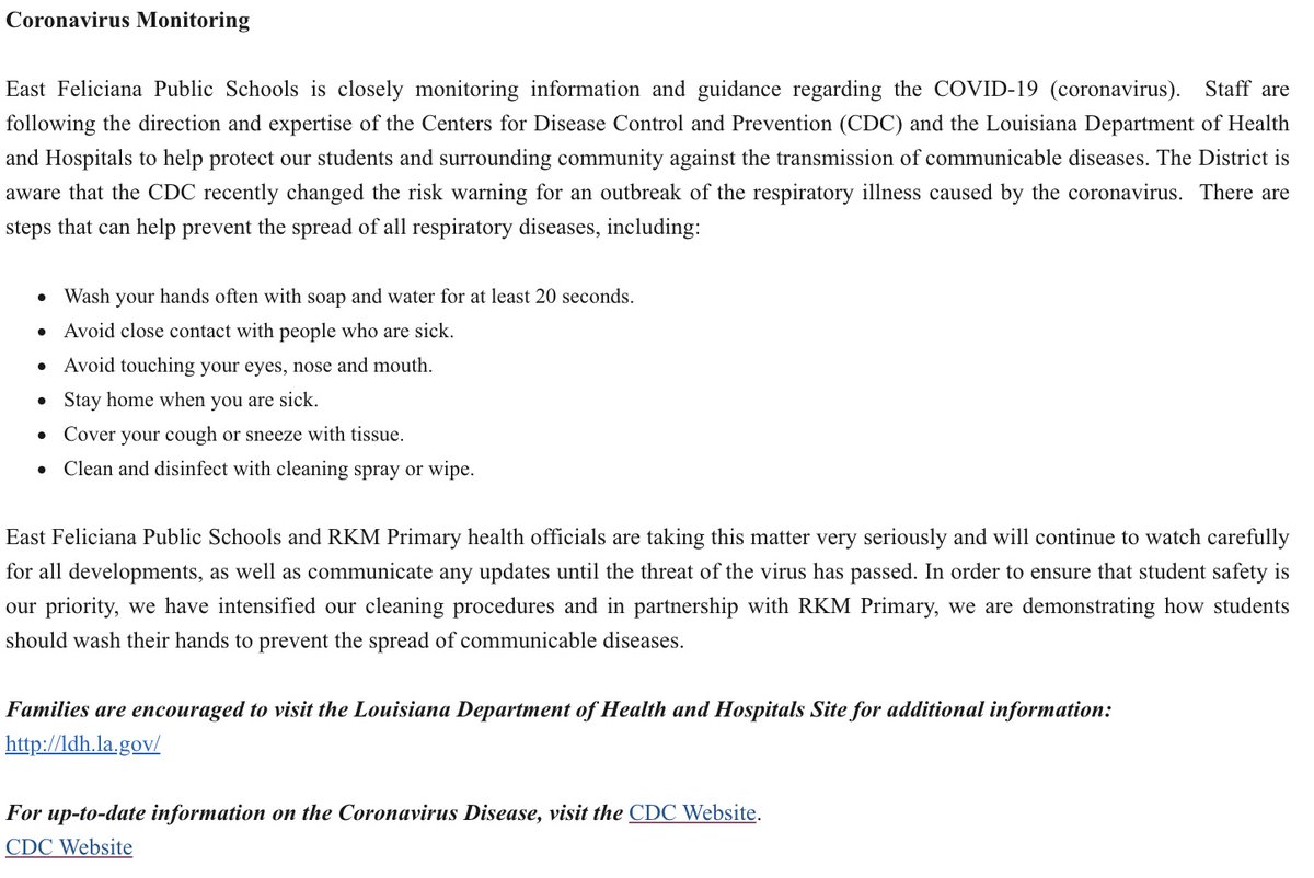 Please review the following health update from East Feliciana Public Schools. Families are encouraged to visit <a href="/LADeptHealth/">Louisiana Department of Health</a> and <a href="/CDCgov/">CDC</a> for additional information.