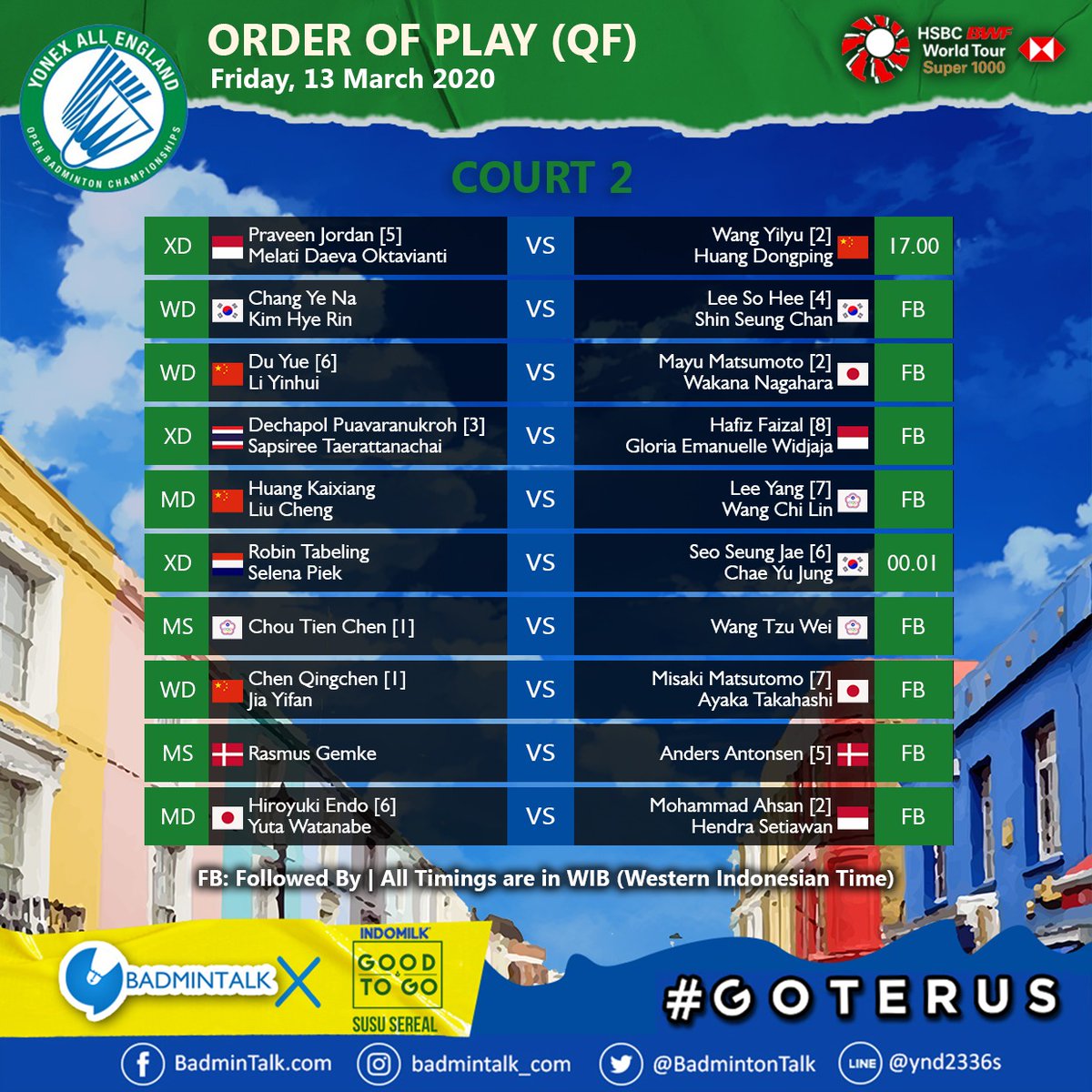 BadmintonTalk's tweet photo. Perkiraan jam main wakil INDONESIA

#YAE20 QF
13 Mar 2020

17.00 WIB Jordan/Oktavianti vs Wang/Huang
19.15 WIB Faizal/Widjaja vs Puavaranukroh/Taerattanachai

14 Mar 2020
00.01 WIB Gideon/Sukamuljo vs Chia/Soh
03.00 WIB Ahsan/Setiawan vs Endo/Watanabe

#PejuangAllEngland2020 https://t.co/eFNTXdhoix