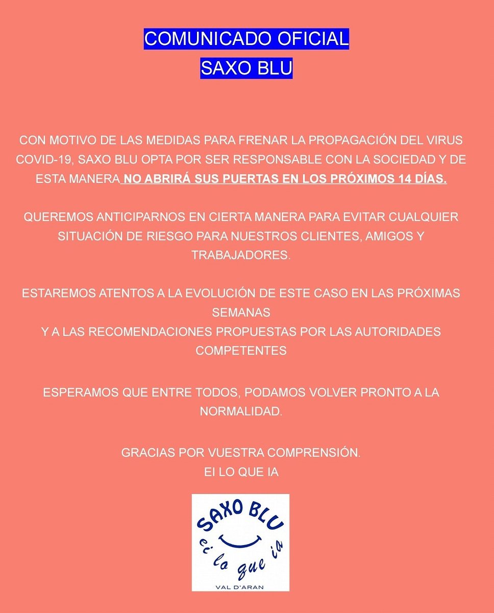 CERRAMOS PUERTAS DURANTE ESTOS DÍAS Y ESPERAMOS QUE PRONTO VUELVA LA NORMALIDAD...Hay que anticiparse! Gracias! Ei lo que ia