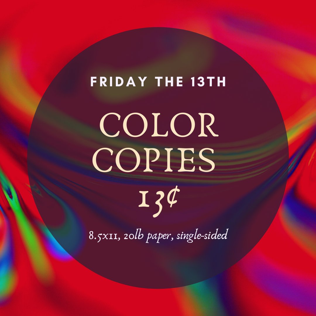 PrintnPostVan's tweet image. Tomorrow we're hacking prices for #ColorCopies - Take advantage of our #FridayThe13th 13¢ deal - Color Copies (single-sided, 8.5x11, 20lb paper) for just 13¢ each! One day only @PrintnPostVan!