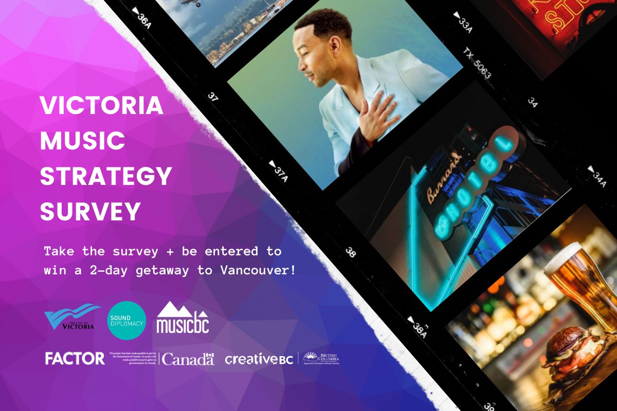musicbc's tweet photo. Living in Victoria or the greater CRD area? Work and/or play in the local music industry? We want to hear from you! 📣
Fill out the Victoria Music Strategy Survey ↪️ https://t.co/lExDGFF9LZ
@CityOfVictoria @SoundDiplomacy @factorcanada @creativebcs #yyj #do250 https://t.co/LynkgOmtpM