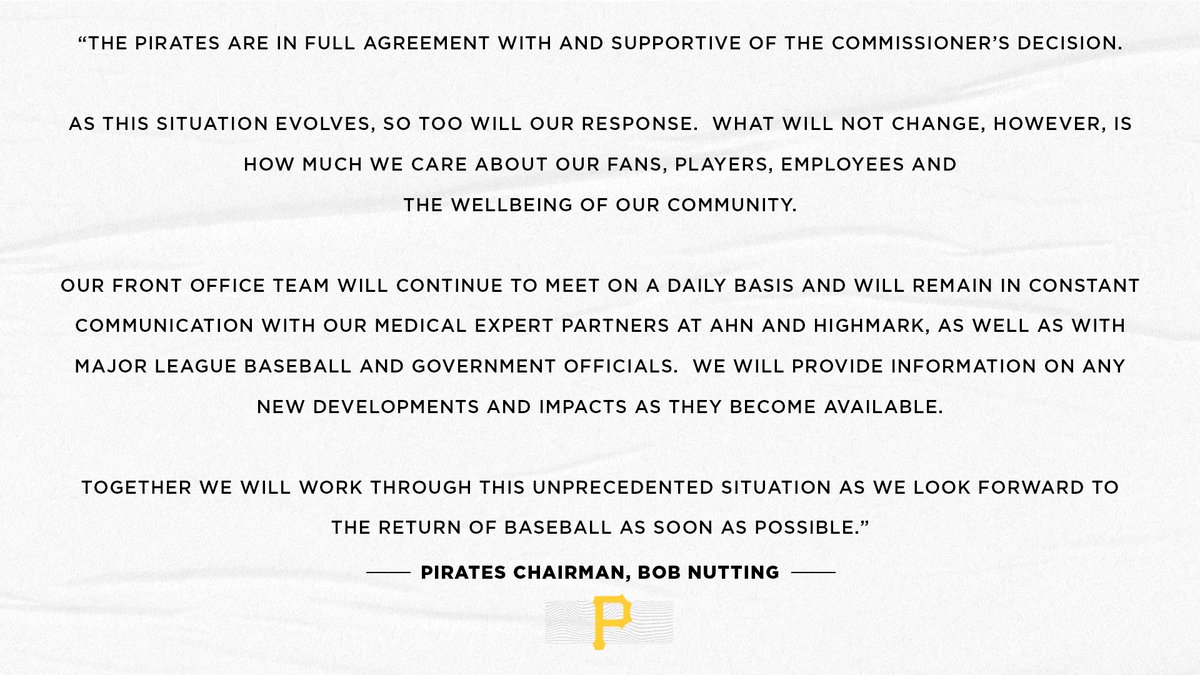 Pirates's tweet photo. Statement from Pirates Chairman, Bob Nutting: https://t.co/pFPIeo56lm