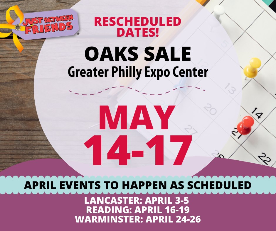 DelcoDealDiva's tweet photo. Just in: Just Between Friends Western Mainline @JBFPhilly Kid Consignment Sale has been rescheduled to May 14th - 17th at the Greater Philadelphia Expo Center in Oaks PA. https://t.co/y4SCgvQvgJ #ad #JBFPhilly https://t.co/afYdVqcbVU