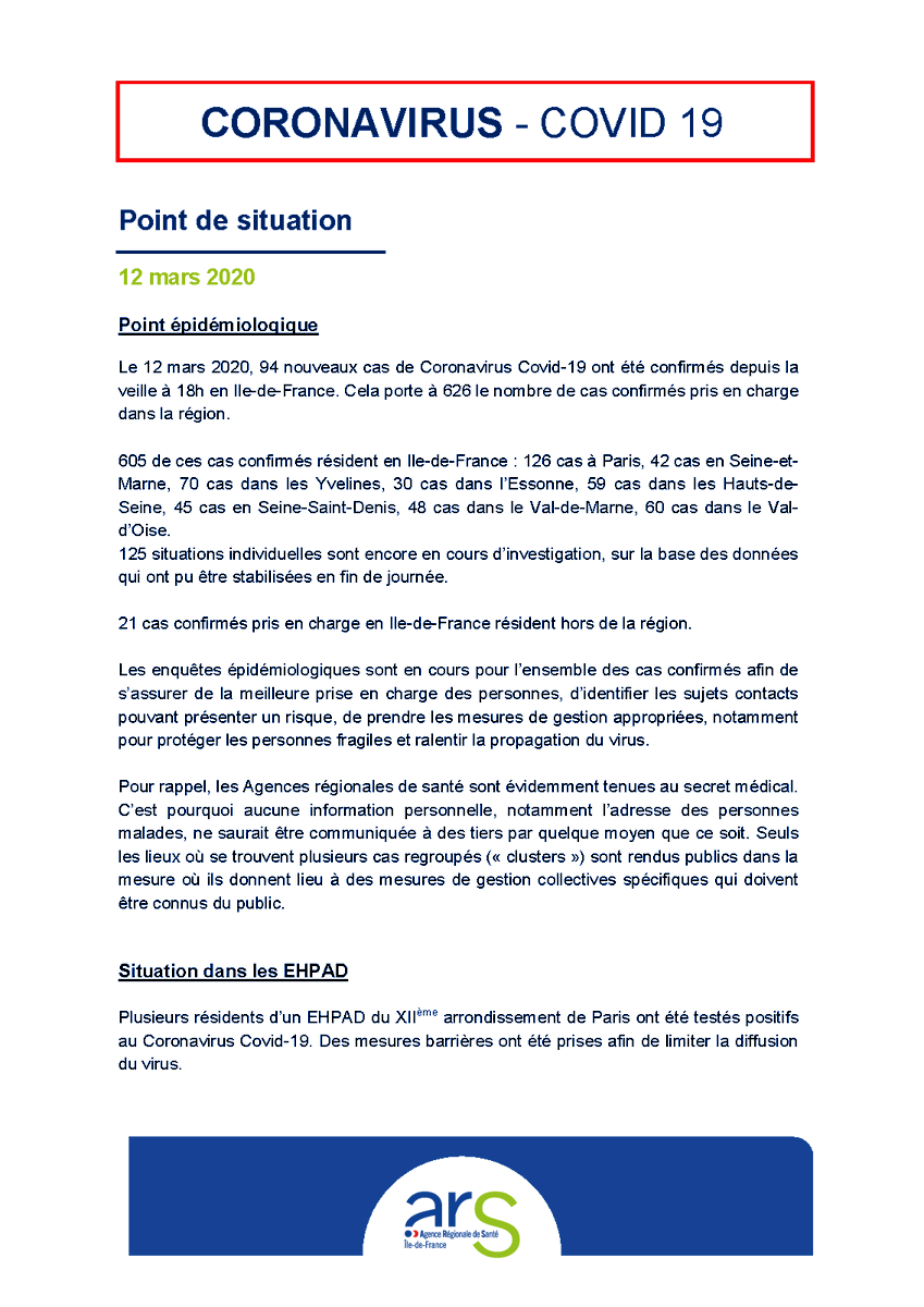ARS_IDF's tweet photo. #Coronavirus #Covid_19 : point de situation en Île-de-France (12/03/2020). 
Tous les points de situation à retrouver sur notre site : 
https://t.co/johkgV0TH4 https://t.co/RQWHHHJ0Vx