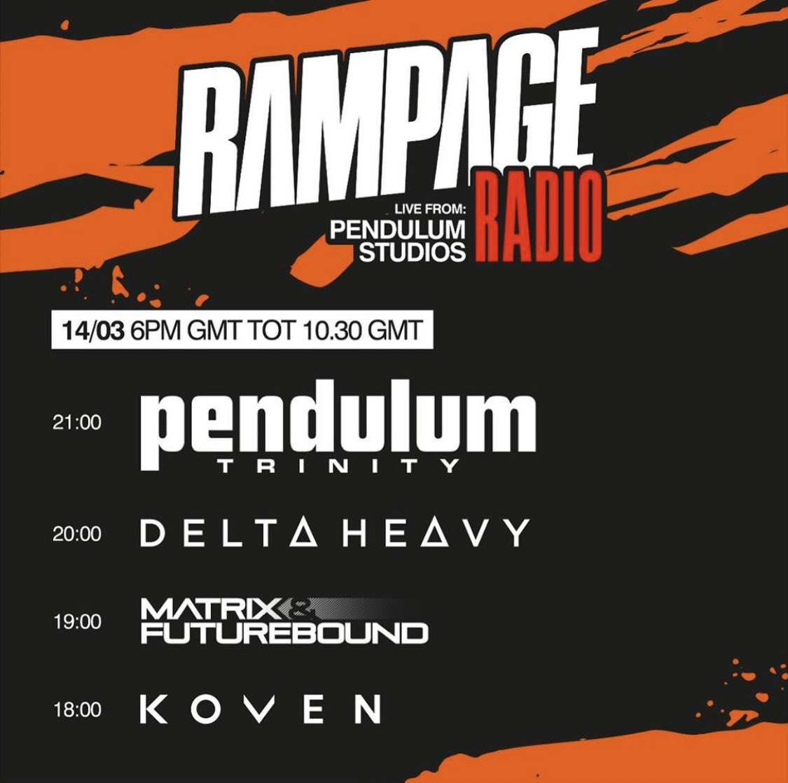 Pendulum's tweet photo. As soon as we heard @WeAreRampage was cancelled we knew we had to do something to help. We got in touch with some of the other acts on the bill and invited them down to Pendulum HQ for a live stream 🙌 Tune in via Rampage’s YouTube and Facebook on Saturday from 6pm GMT 😈 https://t.co/wwS5ArPU6P