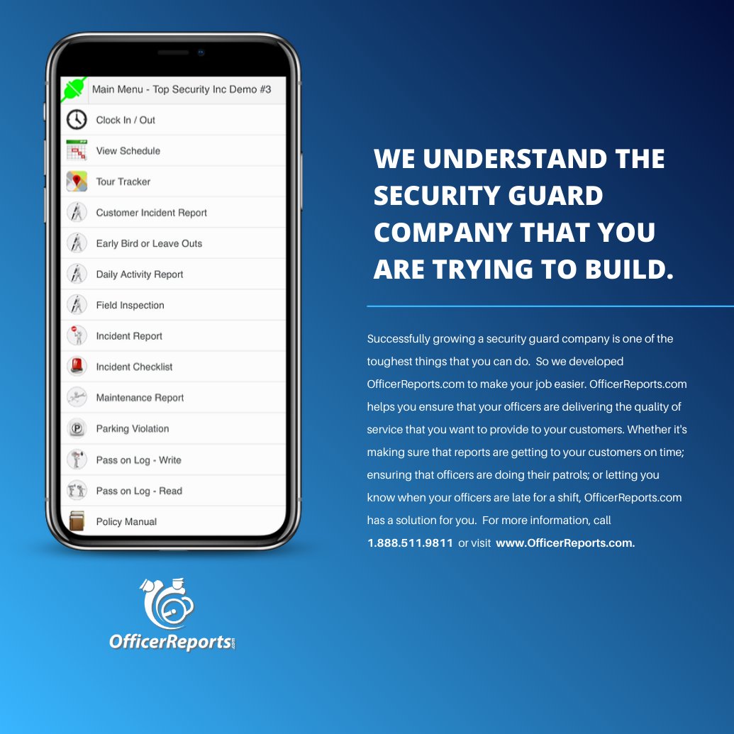 ORDCmarketing's tweet photo. Building a great security guard company requires great tools, so we created OfficerReports | Try OfficerReport FREE for 30-Days | https://t.co/9QmE910adz #securityguardsoftware #officerreports #freetrial https://t.co/gYPdtD6UMP