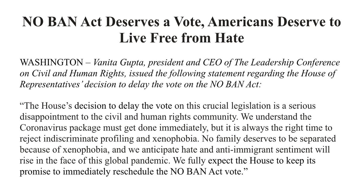 Screenshot of our statement on the House's delay of a vote on the NO BAN Act. The full text is available at the link in the original tweet.