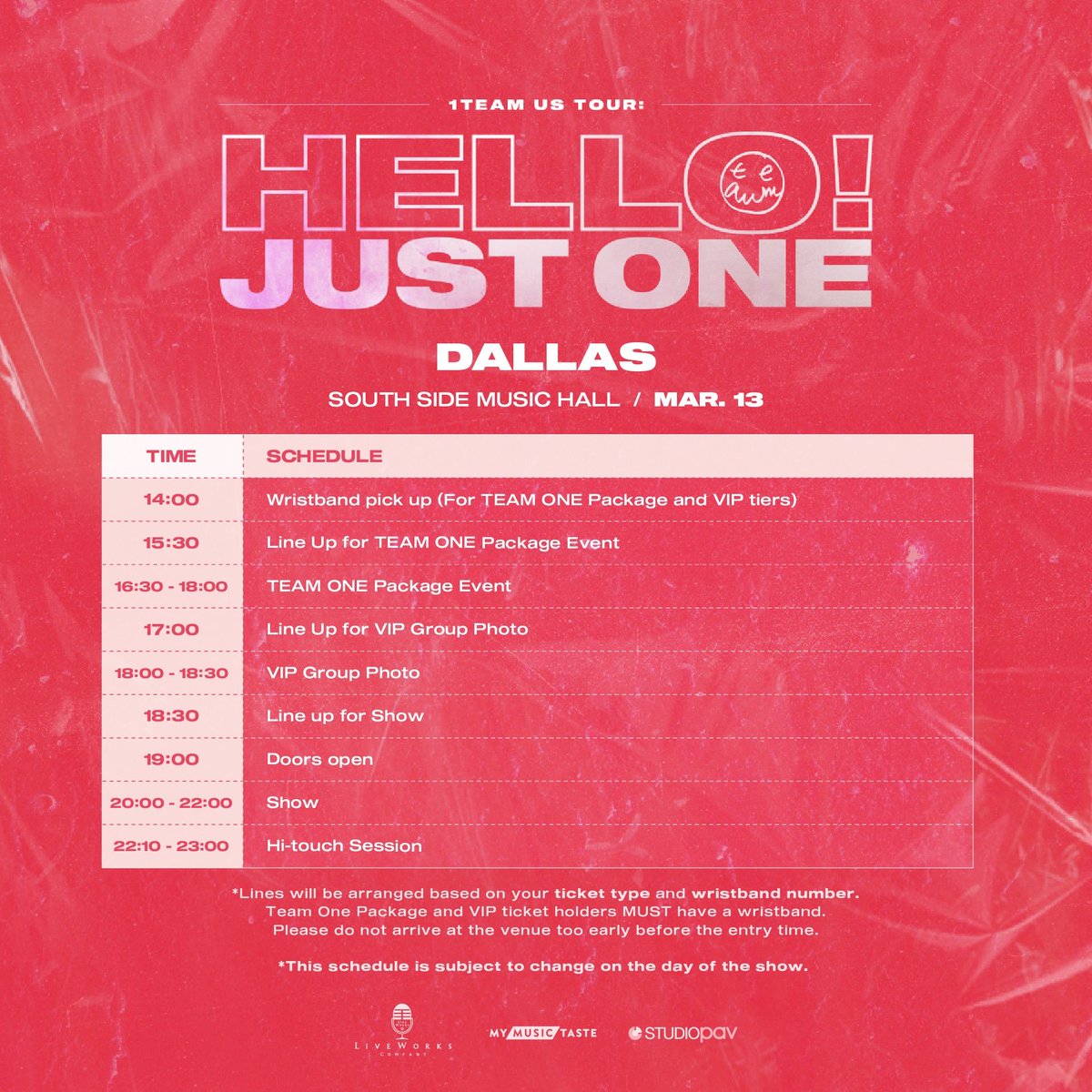 studio_pav's tweet image. 📢 TEAM ONE in Dallas! Don’t forget to save your show day schedule!

🎟️ Get your tickets now ▶️ mmt.fans/4YMa

#StopWishingStartMaking #1TEAM #원팀 with #MyMusicTaste #StudioPav #1TEAMinUS