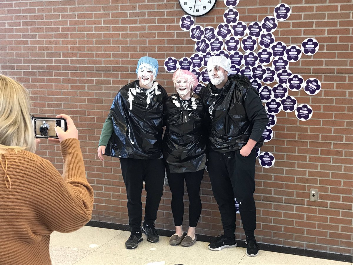 fshactivities's tweet photo. Great job by our National Honor Society students raising money for Alzheimer’s! Chloe, Nick, and AJ got pied during the third lunch run today since they brought in at least $50 each!  Great job! Go Bruins! https://t.co/6hM6kF0dMK