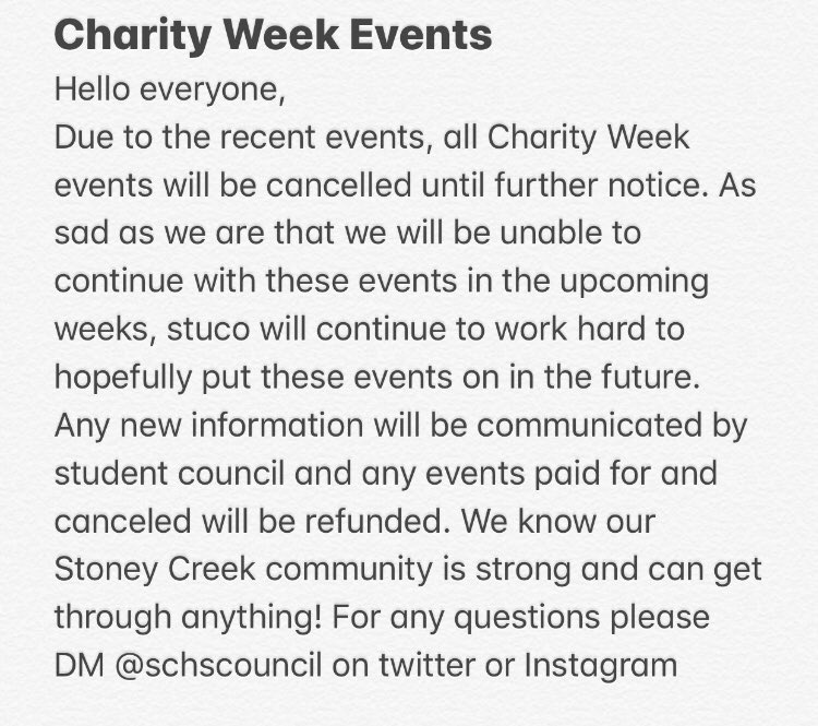 Please read concerning this weeks planned charity week. Thank you to all who participated and supported us in the planning process. Any further updates will be communicated through schs council platforms.