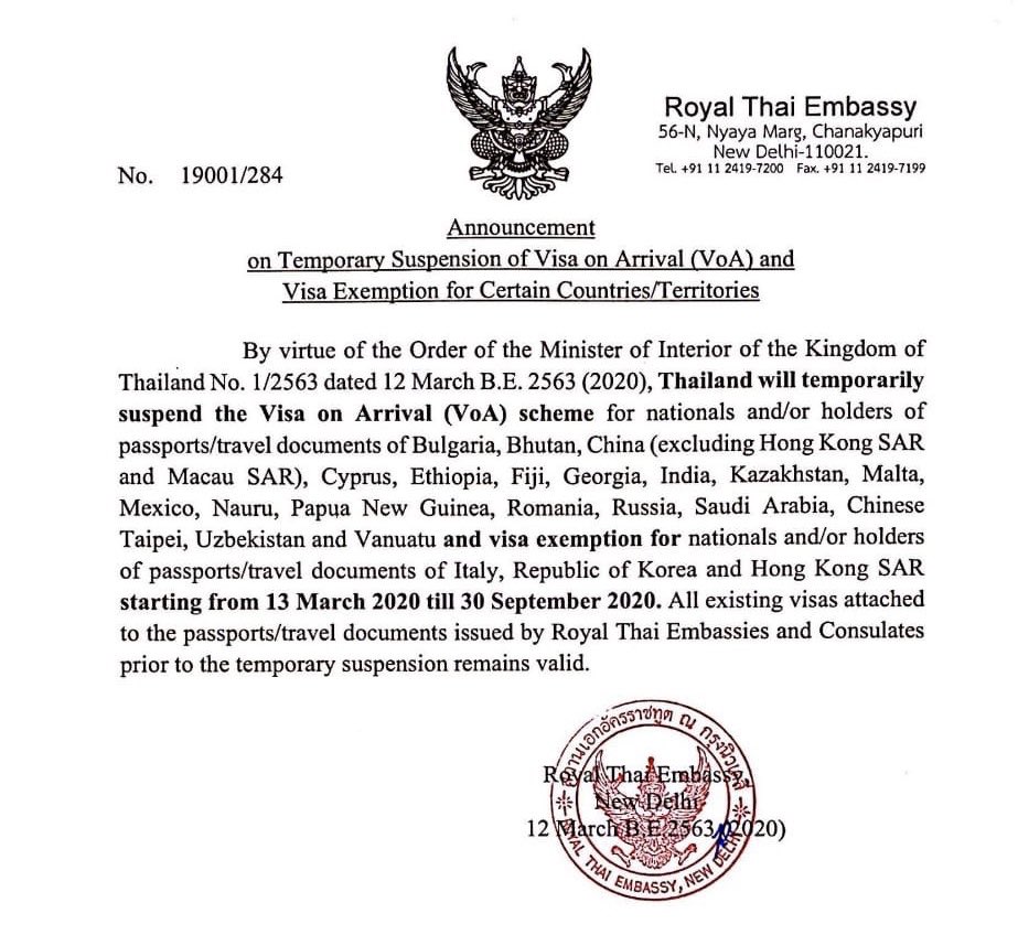 RichardBarrow's tweet photo. It’s now official. #Thailand will temporarily suspend Visa on Arrival &amp; also visa exemption for nationals of Italy, South Korea and Hong Kong, from 13th March to 30 September 2020. You can still get visas at the embassy. All visas already in passports remain valid [1/2] #COVID19 https://t.co/auY1k1svwJ