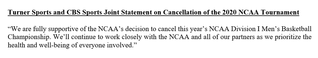 MM_MBB_TV's tweet photo. Turner Sports and CBS Sports Joint Statement on Cancellation of the 2020 NCAA Tournament: https://t.co/pBpzxUs5fL