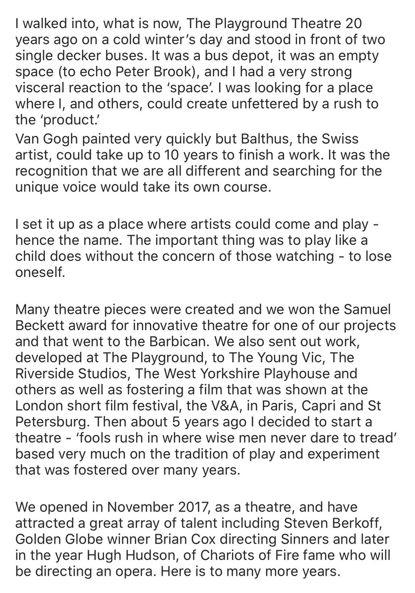 Peter Tate, co-Artistic Director of The Playground Theatre (<a href="/PlaygroundW10/">The Playground Theatre</a>)

The important thing was to play like a child does without the concern of those watching - to lose oneself.

#HumansOfTheatre
