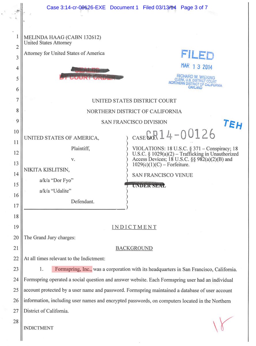 With respect to Nikita Kislitsin - I wasn’t being dramatic, almost 6 years to the date.On March 2, 2020 his indictment was unsealed (see next tweet)March 13, 2014United States v. Kislitsin Case No: 3:14-cr-00126INDICTMENT as to Nikita Kislitsin https://ecf.cand.uscourts.gov/doc1/035019021228?caseid=275433