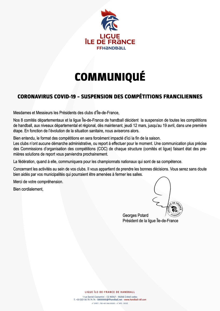 [coronavirus COVID-19 – suspension des compétitions franciliennes]
La ligue Île-de-France et ses 8 comités départementaux suspendent les compétitions régionales et départementales jusqu'au 19 avril !
#coronavirus #handball #idf