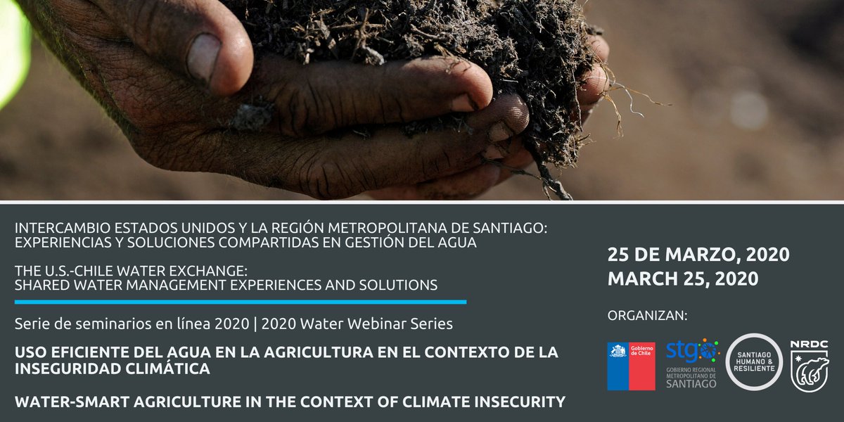 NUEVO WEBINAR, miércoles, 25/03: “Uso eficiente del agua en la agricultura en el contexto de la inseguridad climática”.💦 Únete a la discusión junto a <a href="/NRDC/">NRDC 🌎🏡</a> y la Unidad de Resiliencia del Gobierno Regional Metropolitano de Santiago. Inscríbete aquí: bit.ly/30Y63dF