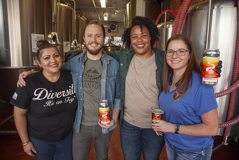 BDG2C's tweet photo. (L-R) Jess Fierro of Atrevida Beer Co., Charles McManus, Alex Turner (both of host Phantom Canyon Brewing Co.) and our own Nikki Shaw toast their good fortune during Colo Spgs Pink Boots Society annual community brew day. This year’s offering - Figgin’ Good, made with ripe figs. https://t.co/l3EkO6pn3G
