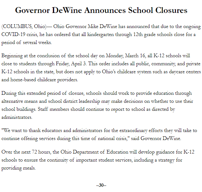 More information on my order to close K-12 schools due to #COVID19 crisis. #COVID19OhioReady