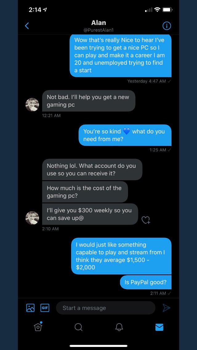 ScamAbolisher's tweet photo. @PurestAlan1 pops into ppl’s dm’s &amp; asks them if they need help financially. He claims he can’t make transactions with 3rd party apps &amp; proceeds to ask for ppl’s banking login info. Don't give anyone your banking info, #RUB immediately! RT for 
#ScammerAwareness 👁‍🗨

#PurestAlan1 https://t.co/wymrqPOc1X