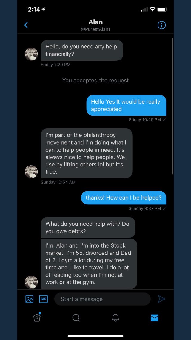 ScamAbolisher's tweet photo. @PurestAlan1 pops into ppl’s dm’s &amp; asks them if they need help financially. He claims he can’t make transactions with 3rd party apps &amp; proceeds to ask for ppl’s banking login info. Don't give anyone your banking info, #RUB immediately! RT for 
#ScammerAwareness 👁‍🗨

#PurestAlan1 https://t.co/wymrqPOc1X